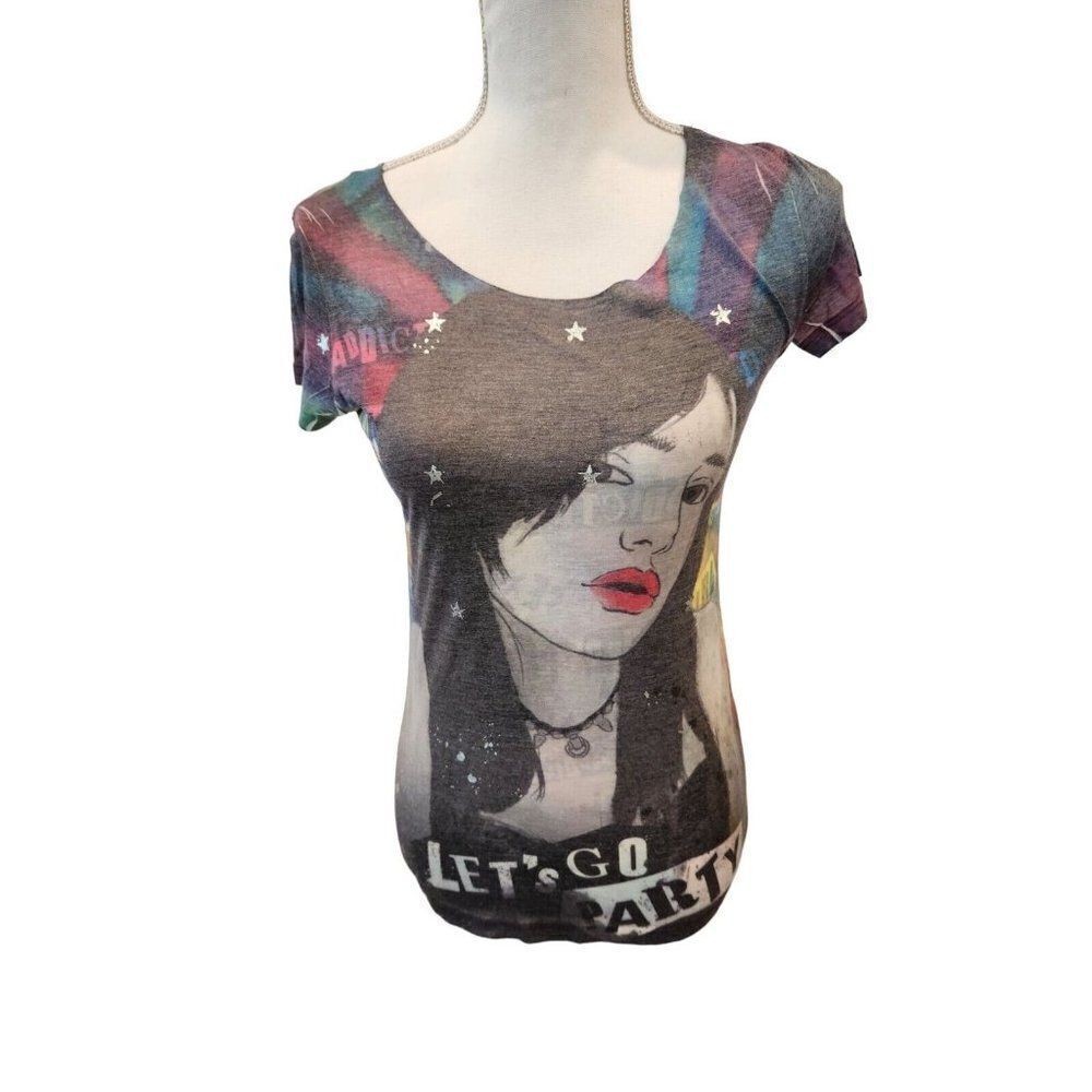 New Y2K Understar  Purple Gray Face Portrait Graphic T Shirt M Party